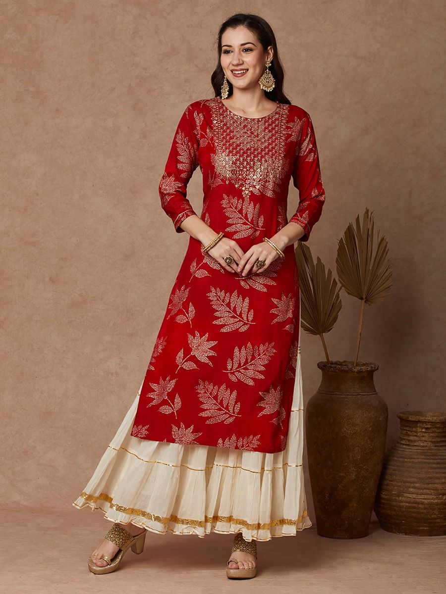 Red Embroidered Kurta