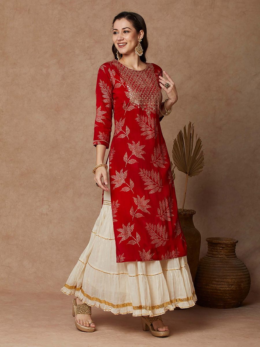 Red Embroidered Kurta