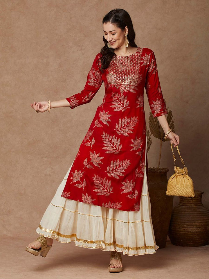 Red Embroidered Kurta