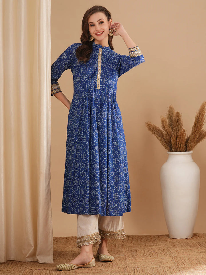 Bandhani Printed & Embroidered A-Line Pleated Kurta - Blue