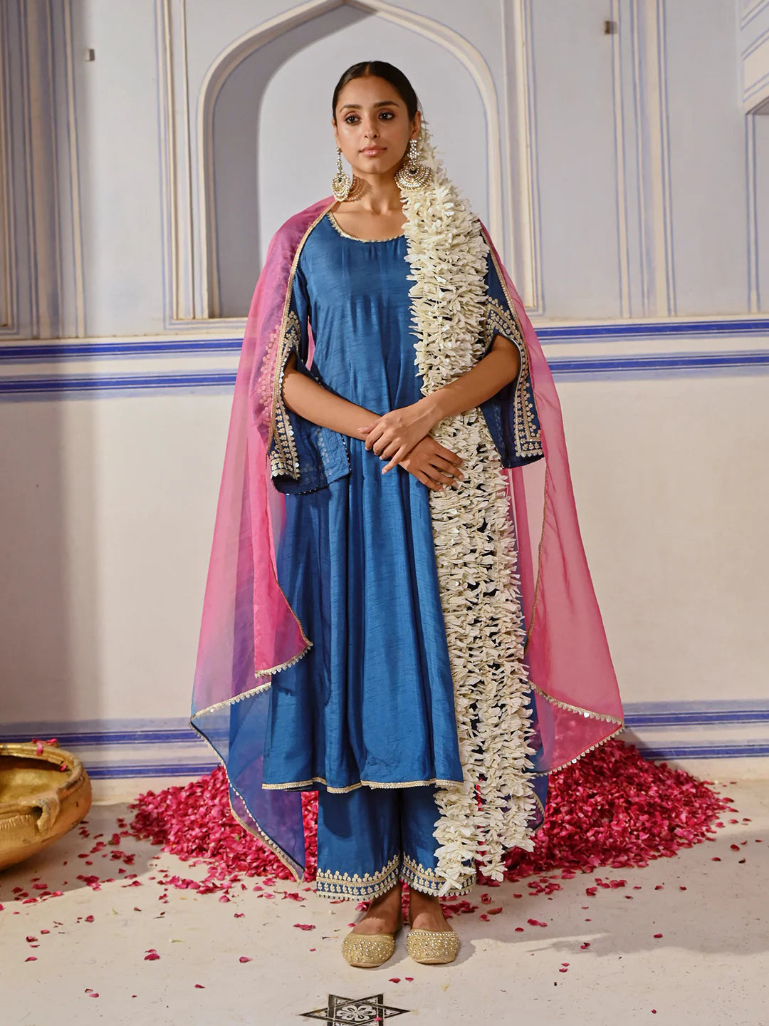 Dola Silk Ethnic Embroidered Anarkali Kurta with Palazzo & Ombre Dupatta - Blue