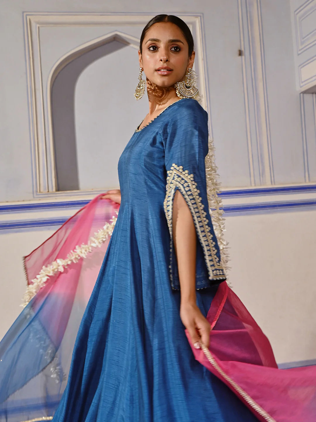Dola Silk Ethnic Embroidered Anarkali Kurta with Palazzo & Ombre Dupatta - Blue