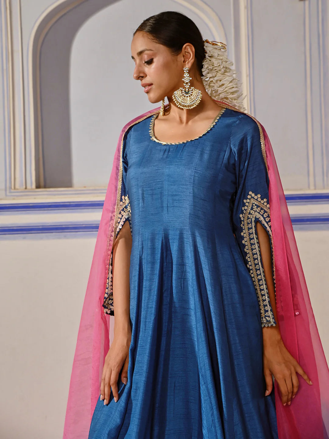 Dola Silk Ethnic Embroidered Anarkali Kurta with Palazzo & Ombre Dupatta - Blue
