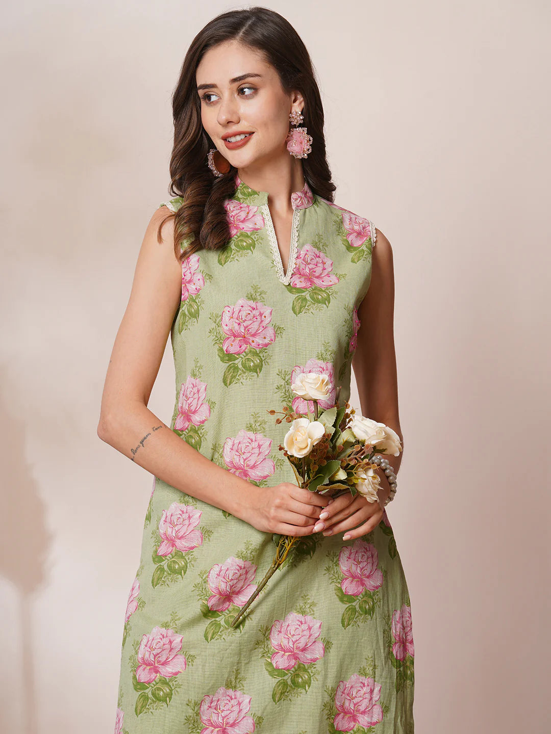 Floral Foil Printed & Hand Embroidered A-Line Co-ord Set - Green