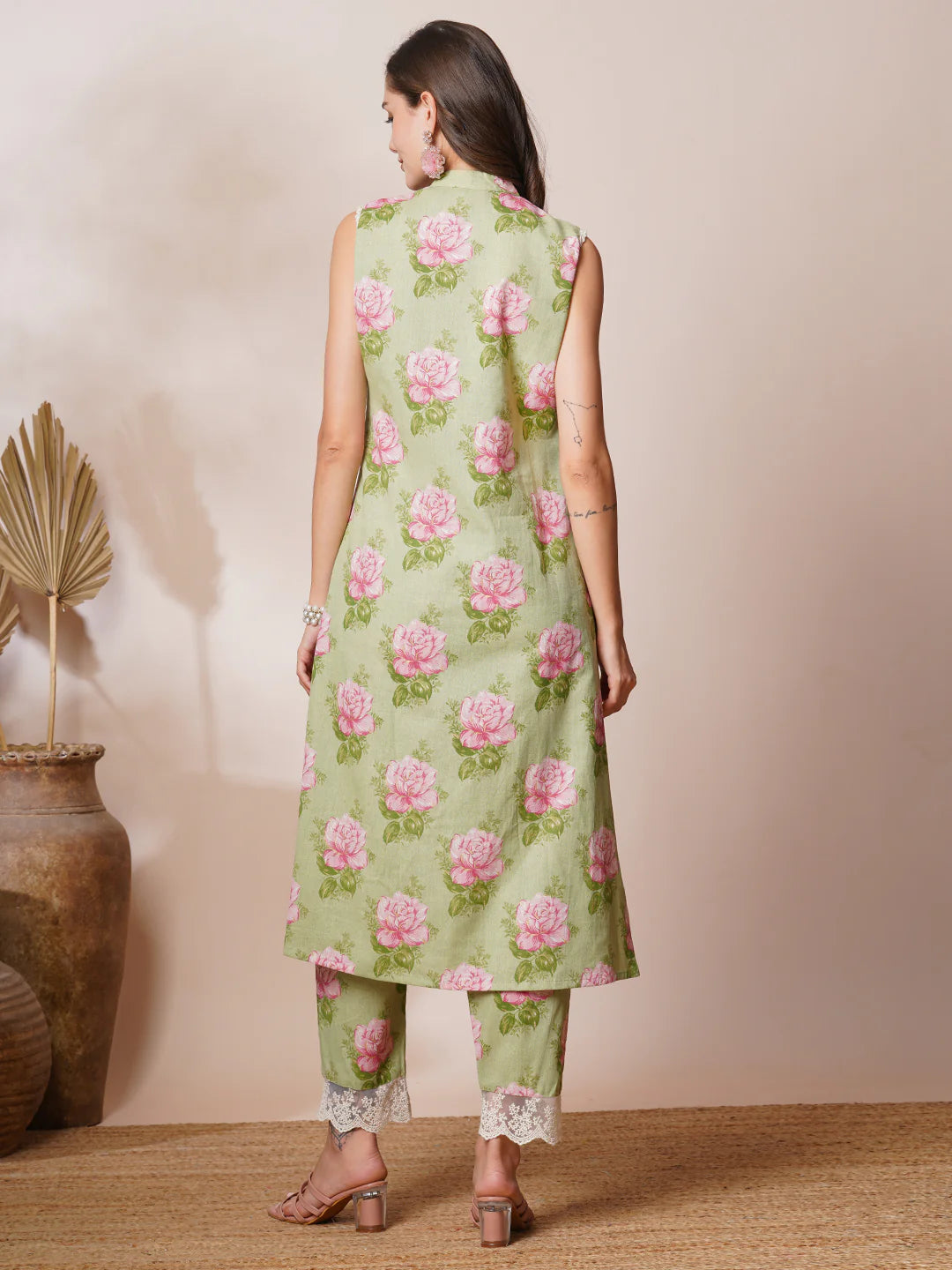 Floral Foil Printed & Hand Embroidered A-Line Co-ord Set - Green
