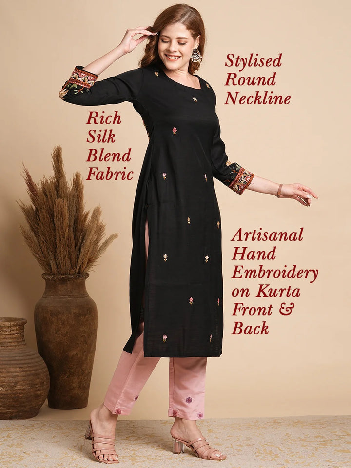 Floral Hand Embroidered Straight Fit Kurta - Black