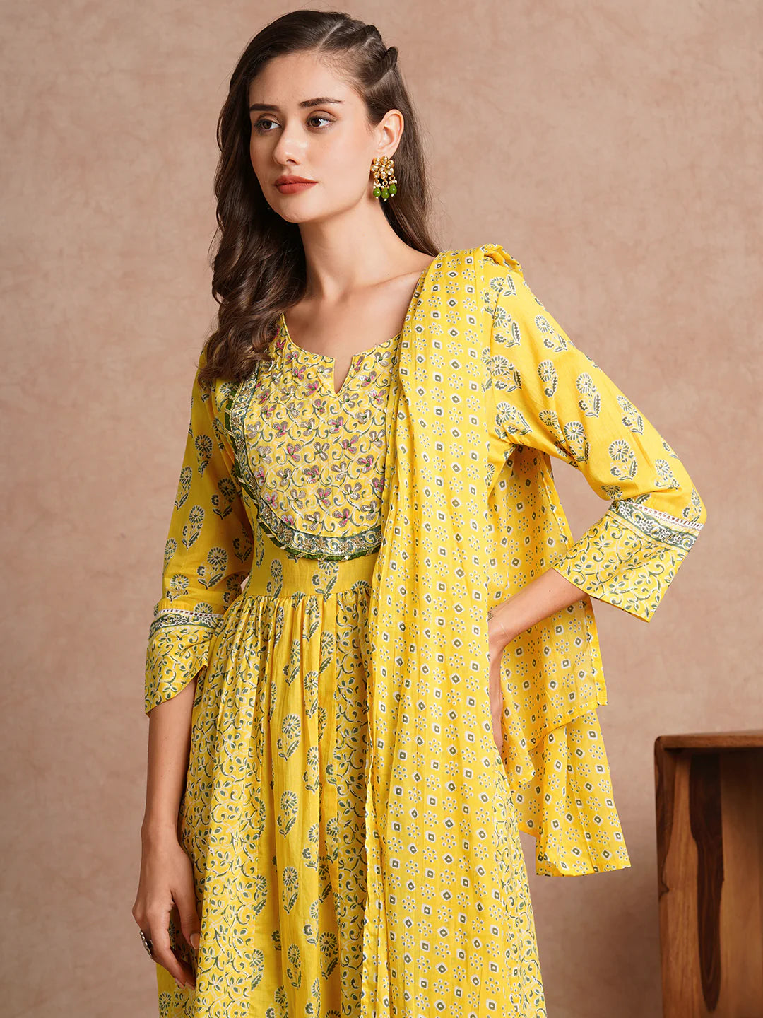 Ethnic Floral Printed & Hand Embroidered Anarkali Kurta with Pant & Dupatta - Yellow