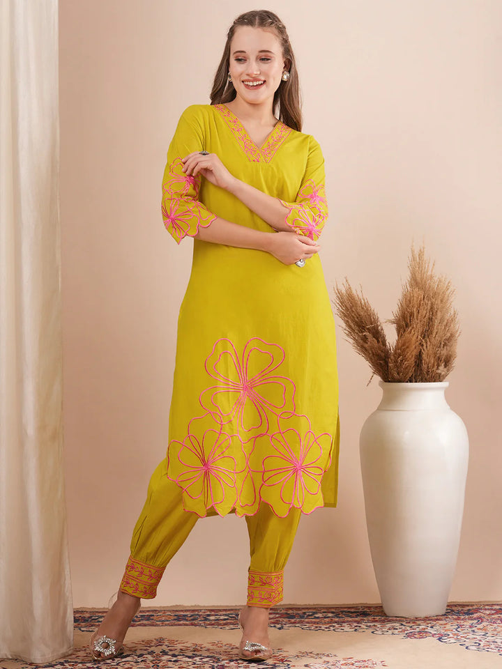 Abstract Floral Cutwork Embroidered Straight Fit Co-ord Set - Lime Green