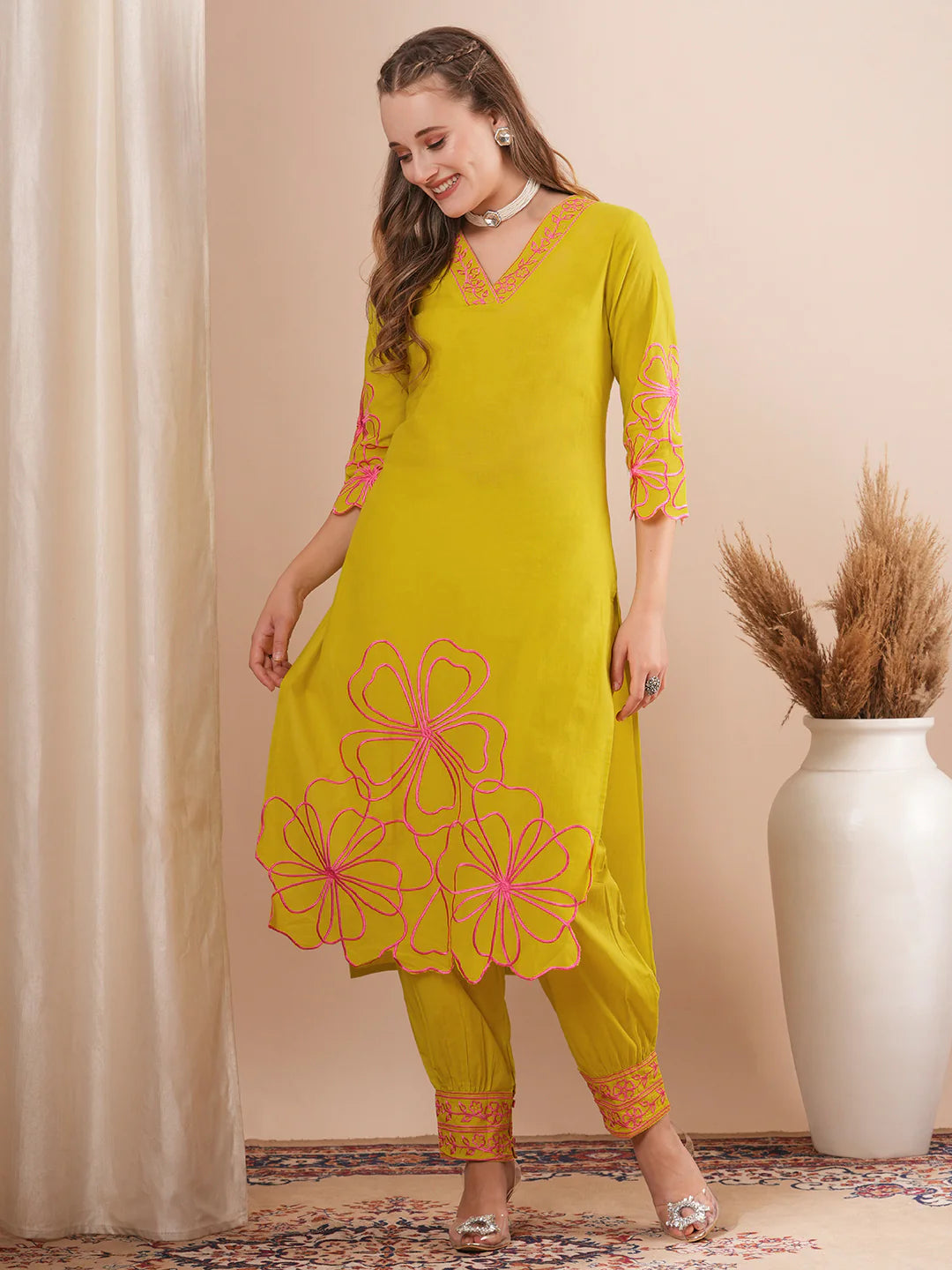 Abstract Floral Cutwork Embroidered Straight Fit Co-ord Set - Lime Green