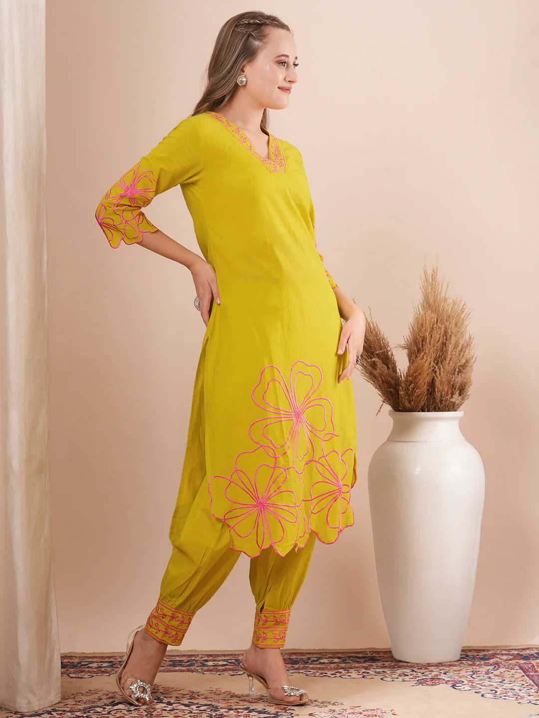 Abstract Floral Cutwork Embroidered Straight Fit Co-ord Set - Lime Green