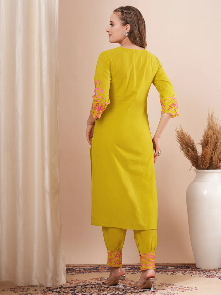 Abstract Floral Cutwork Embroidered Straight Fit Co-ord Set - Lime Green