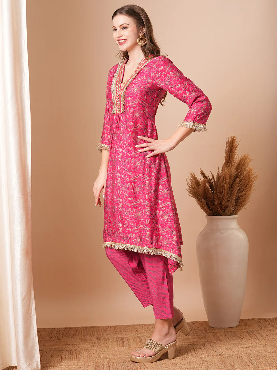 Abstract Floral Foil Printed & Embroidered A-Line Kurta with Pant - Pink