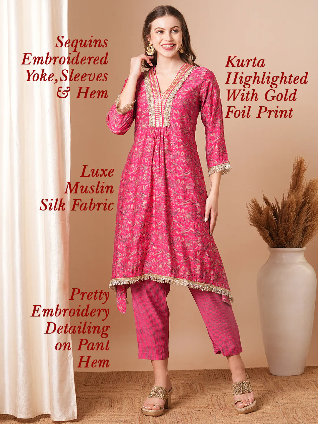 Abstract Floral Foil Printed & Embroidered A-Line Kurta with Pant - Pink