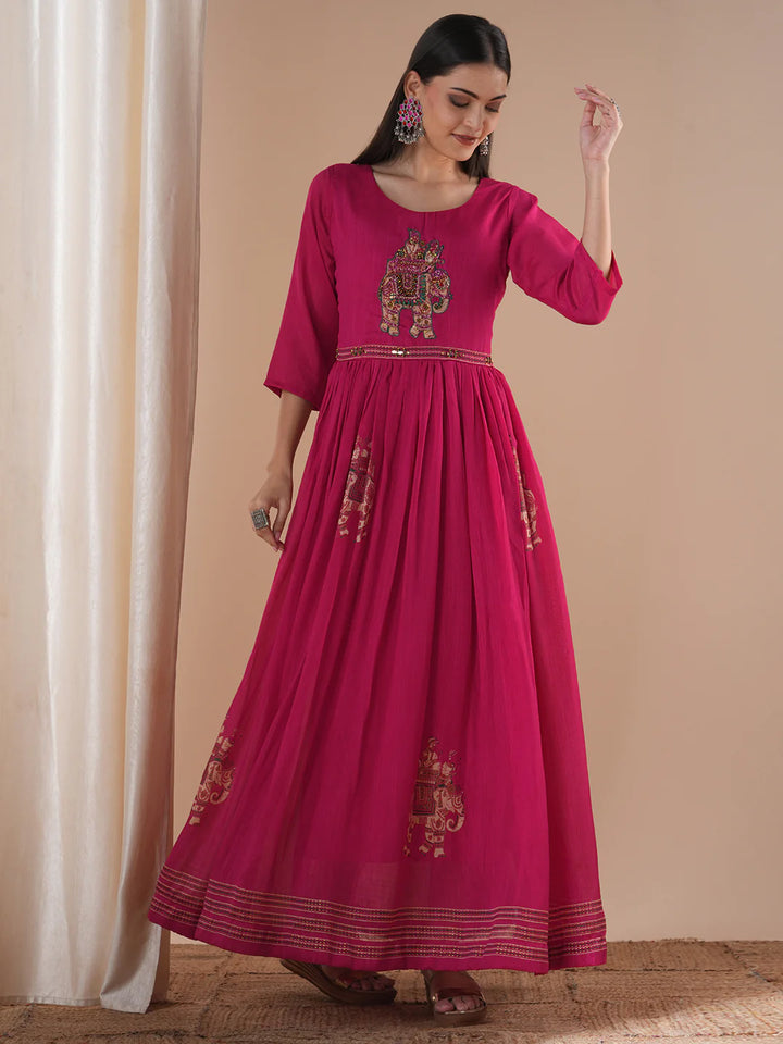 Elephant Foil Printed & Hand Embroidered A-Line Pleated Fit & Flare Maxi Dress - Pink