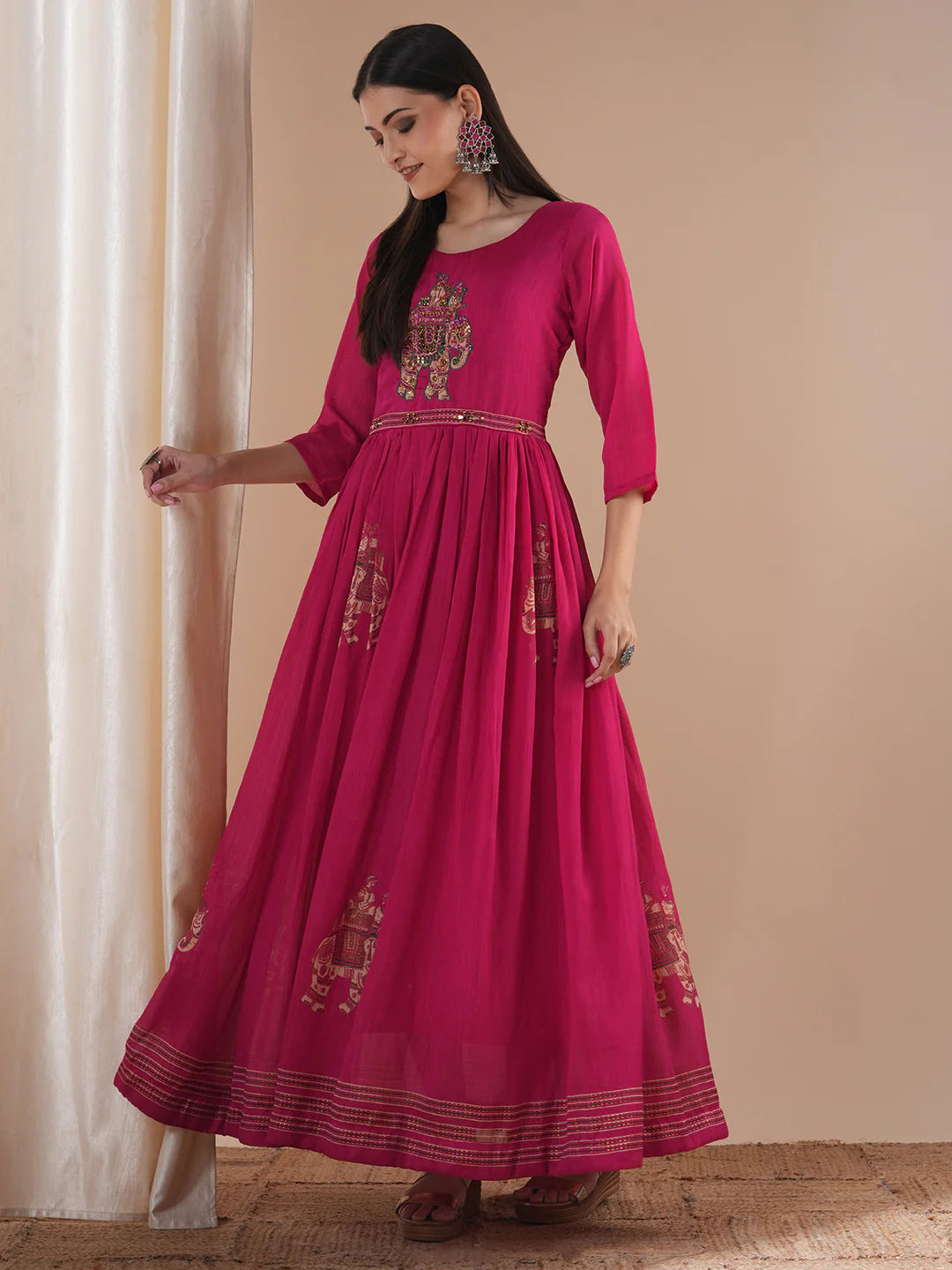 Elephant Foil Printed & Hand Embroidered A-Line Pleated Fit & Flare Maxi Dress - Pink