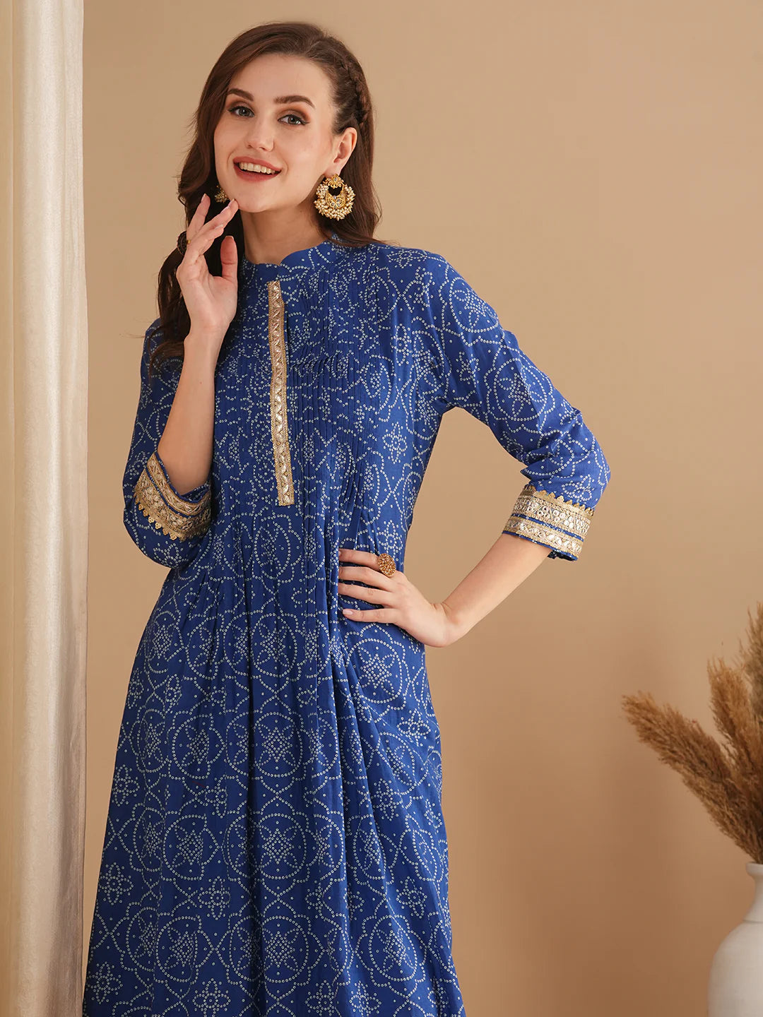 Bandhani Printed & Embroidered A-Line Pleated Kurta - Blue
