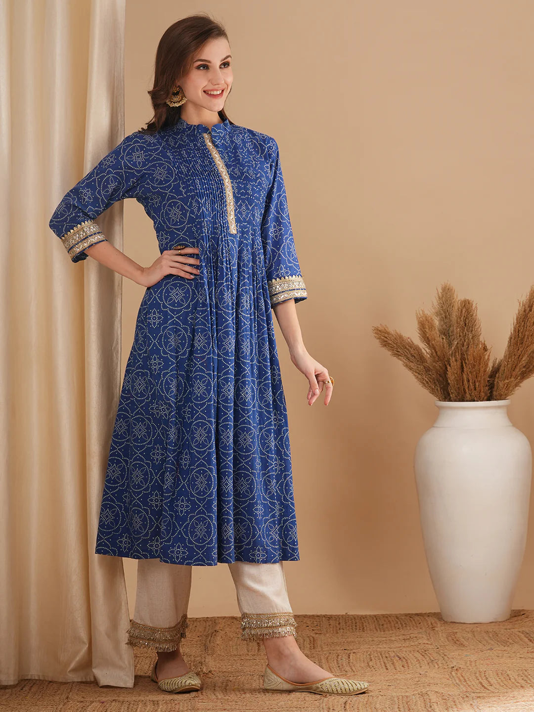 Bandhani Printed & Embroidered A-Line Pleated Kurta - Blue