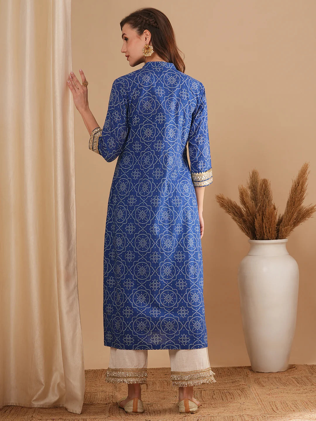 Bandhani Printed & Embroidered A-Line Pleated Kurta - Blue
