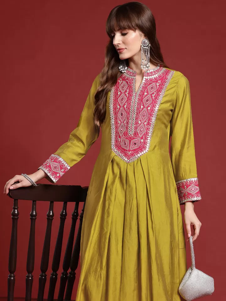 Olive Silk Blend Embroidered Kurta Set with Pink Yoke