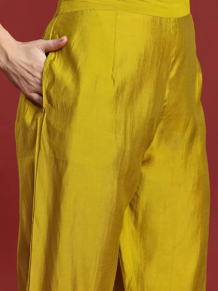 Olive Silk Blend Embroidered Kurta Set with Pink Yoke