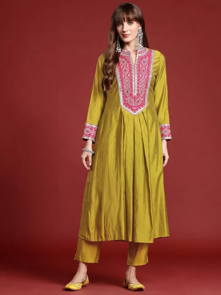 Olive Silk Blend Embroidered Kurta Set with Pink Yoke
