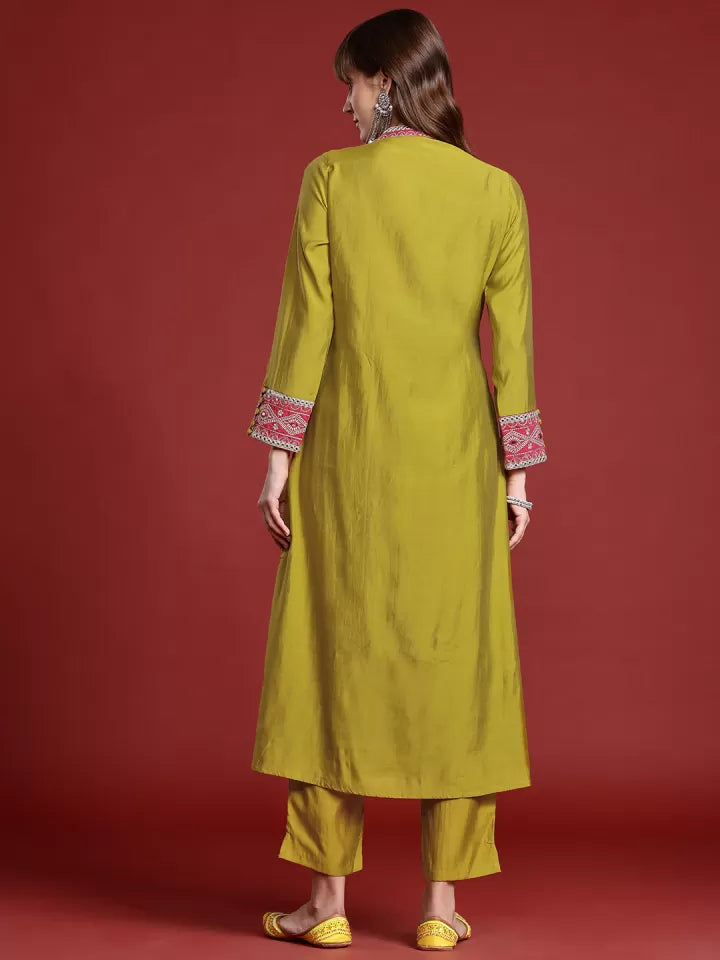 Olive Silk Blend Embroidered Kurta Set with Pink Yoke