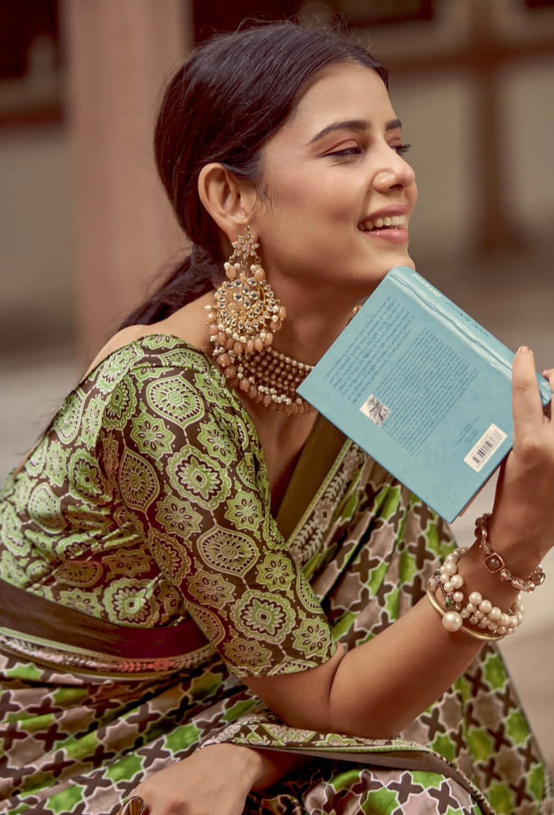 Green Printed Satin Saree