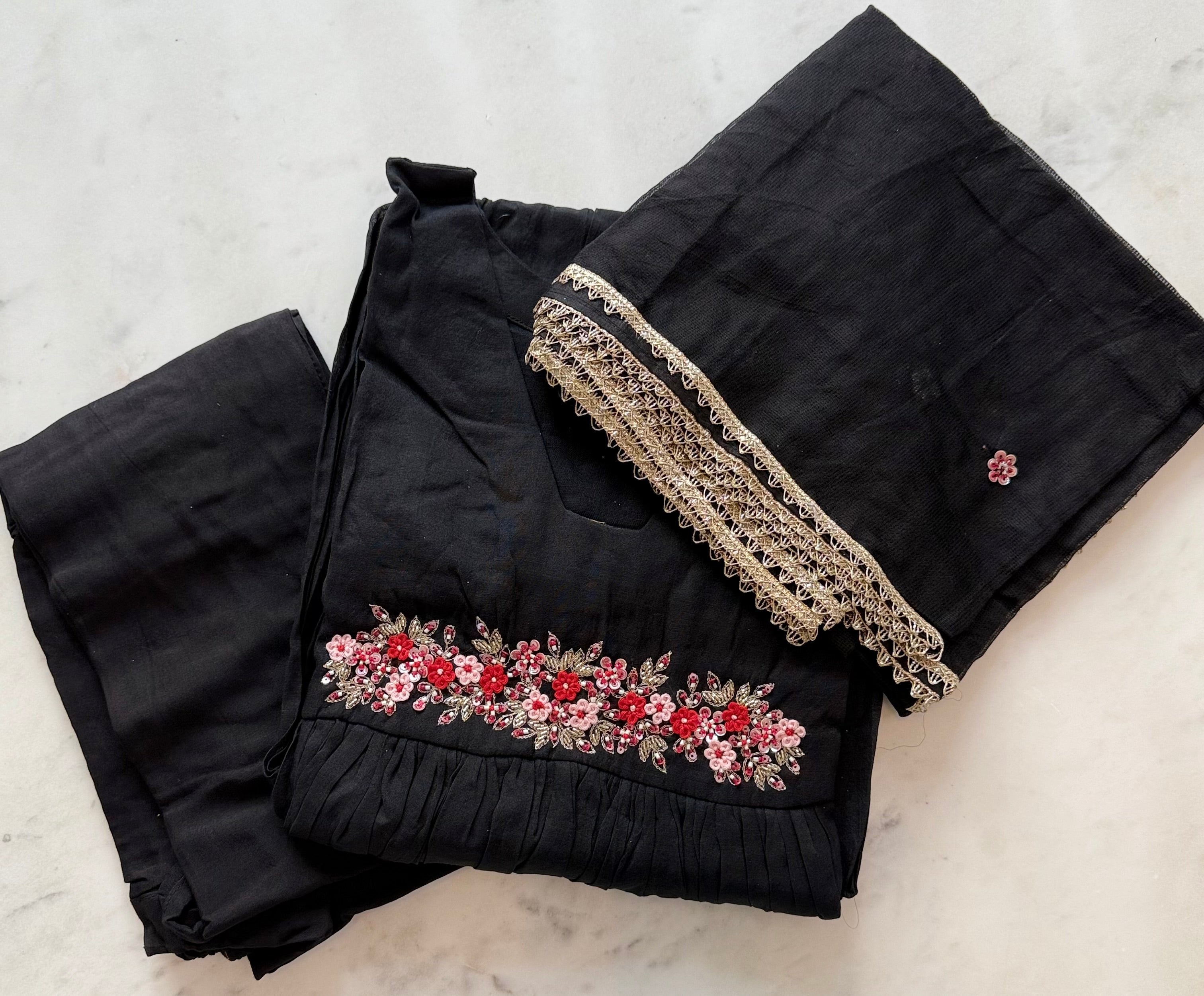 Black Hand Embroidered Mul Chanderi Suit with Kota Dupatta