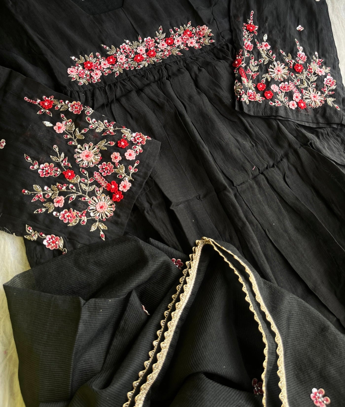 Black Hand Embroidered Mul Chanderi Suit with Kota Dupatta