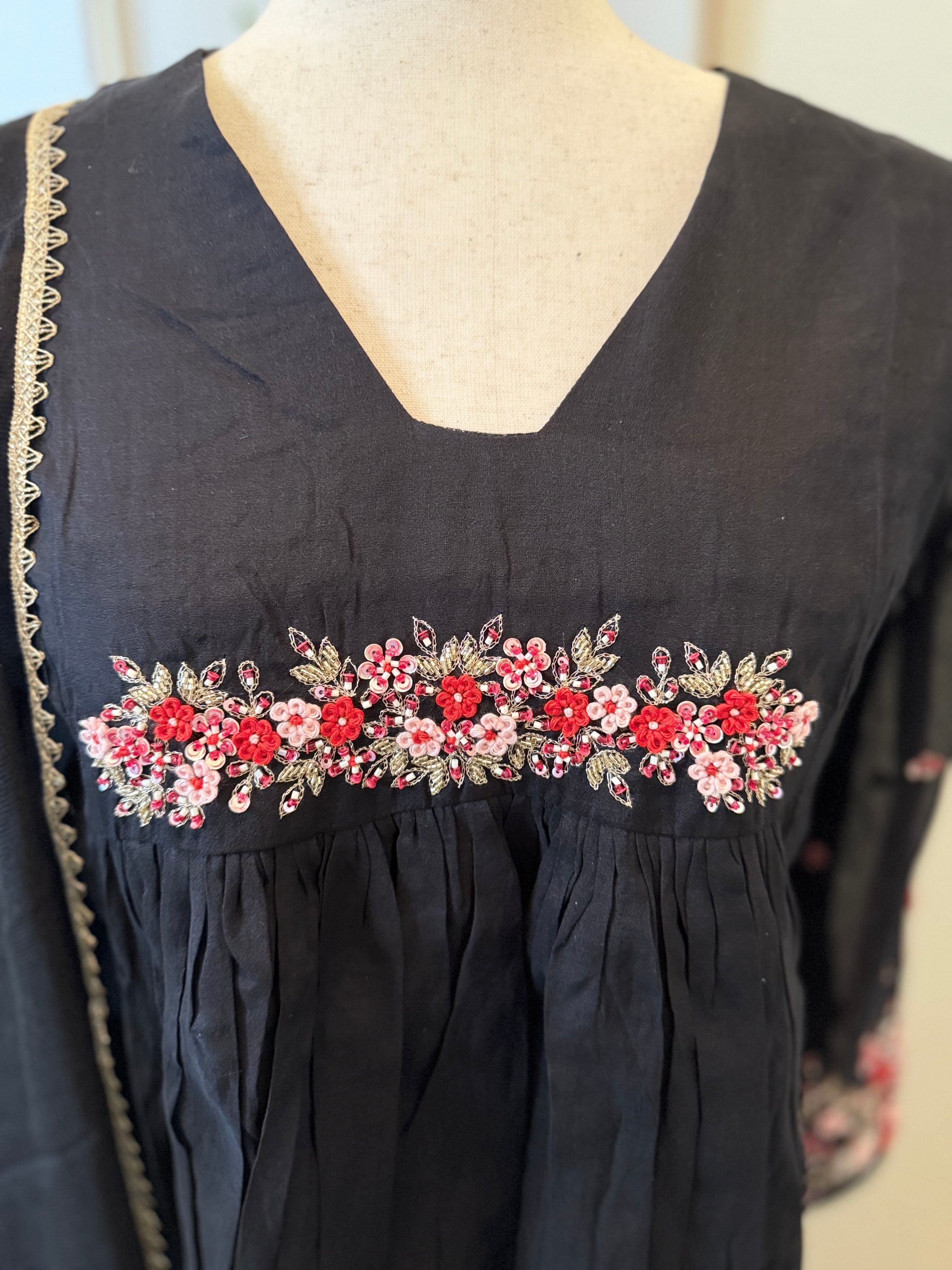 Black Hand Embroidered Mul Chanderi Suit with Kota Dupatta