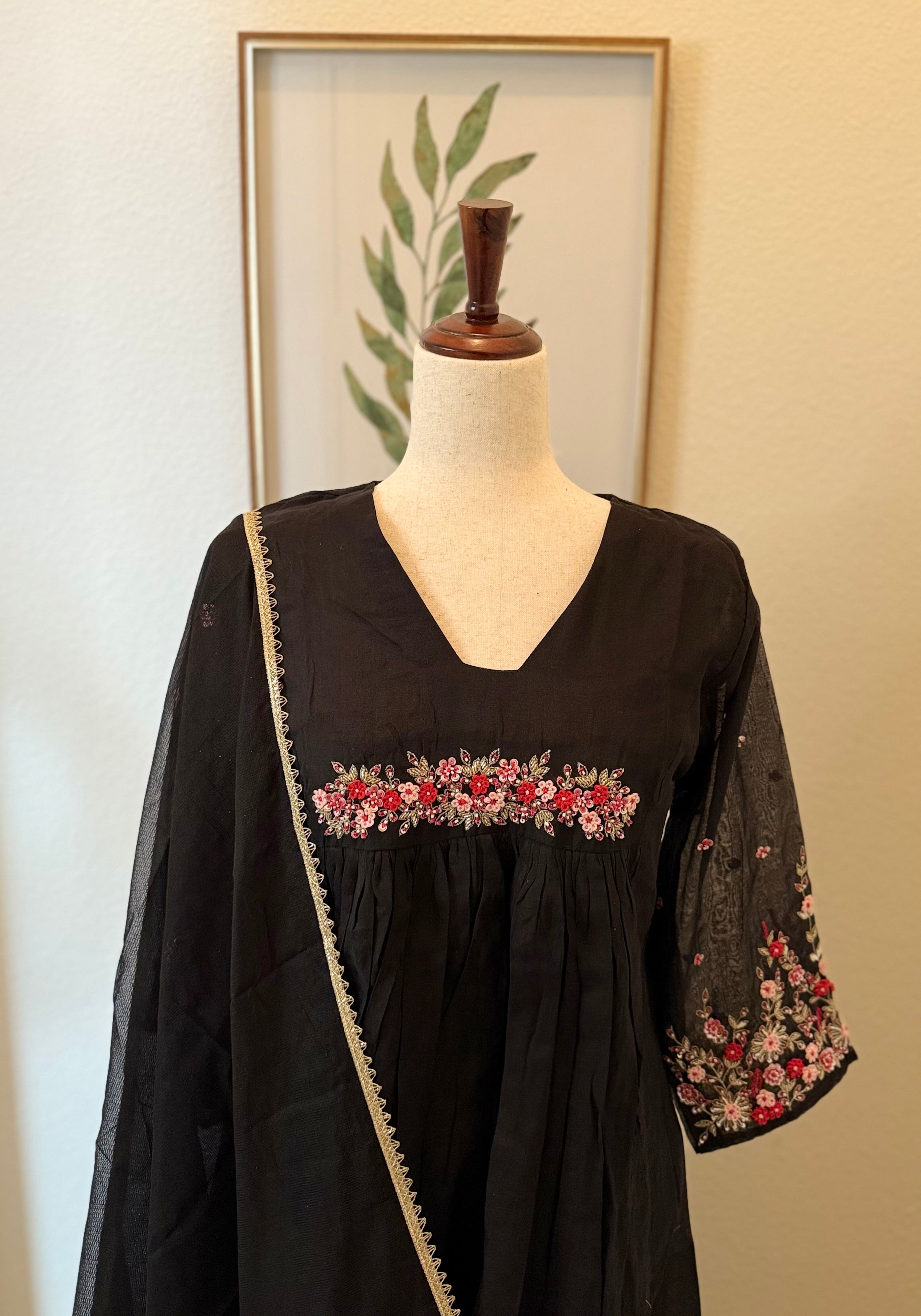 Black Hand Embroidered Mul Chanderi Suit with Kota Dupatta
