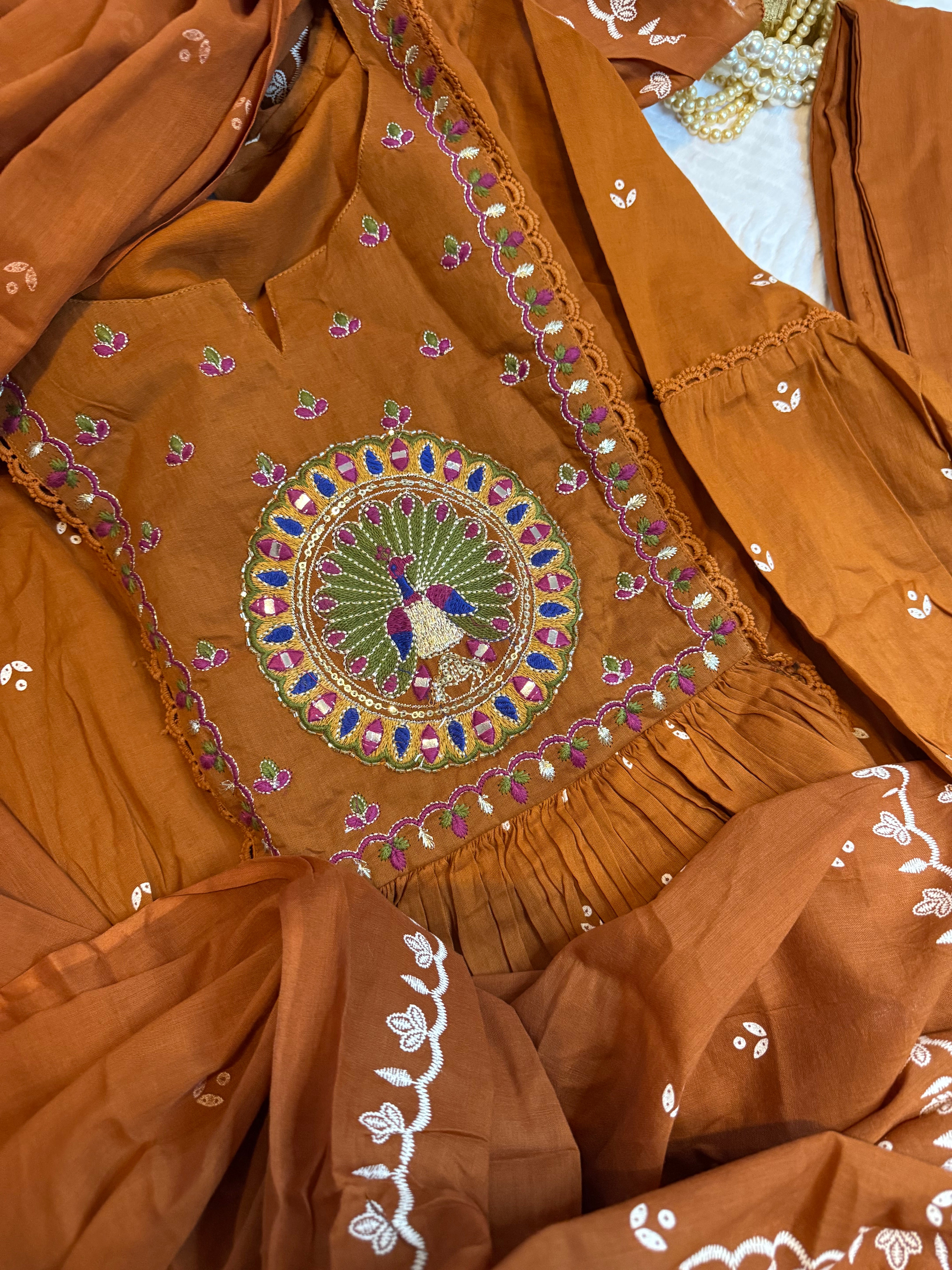 Rust Orange Cotton Kurti Set with Embroidery