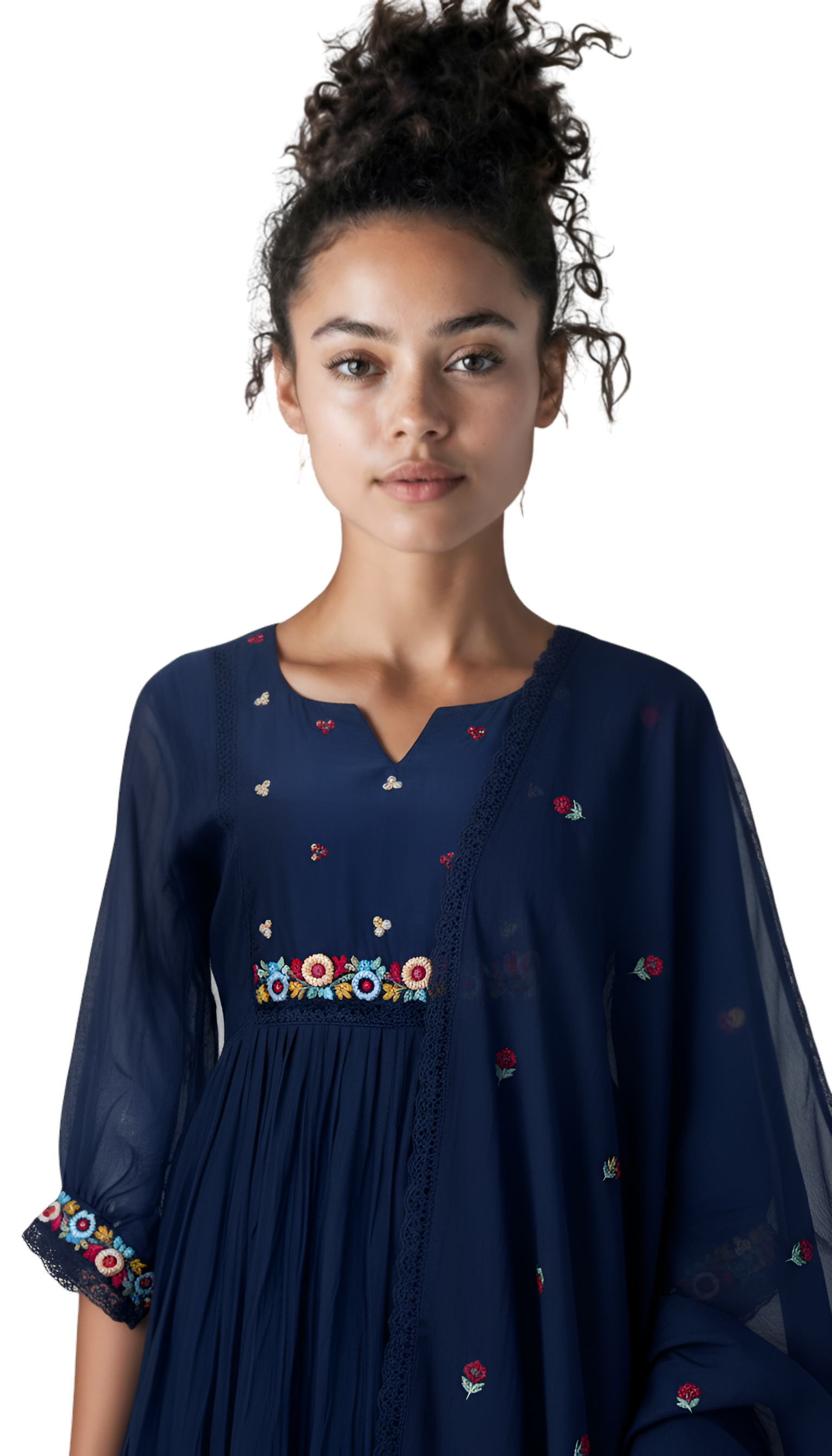 Hand Embroidered Mul Chanderi Suit with Kota Dupatta - Navy Blue