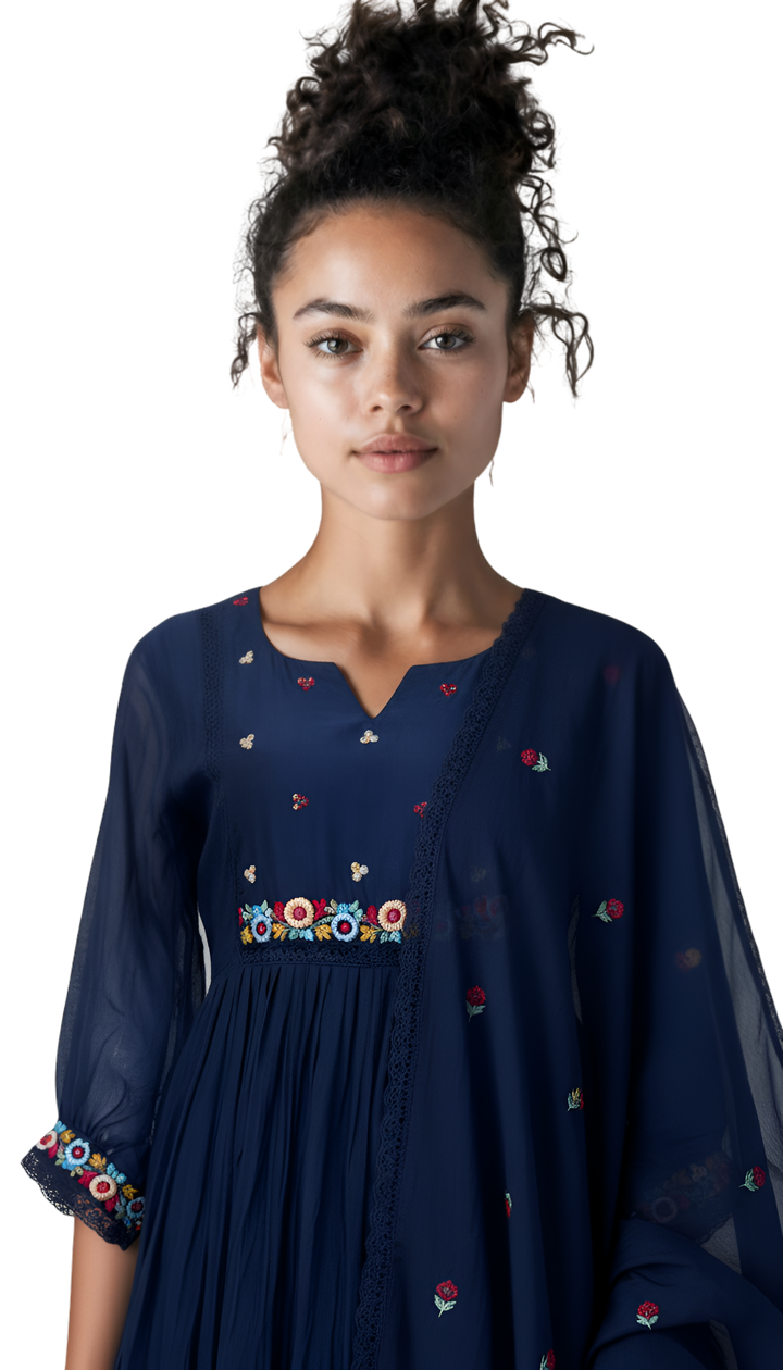 Hand Embroidered Mul Chanderi Suit with Kota Dupatta - Navy Blue