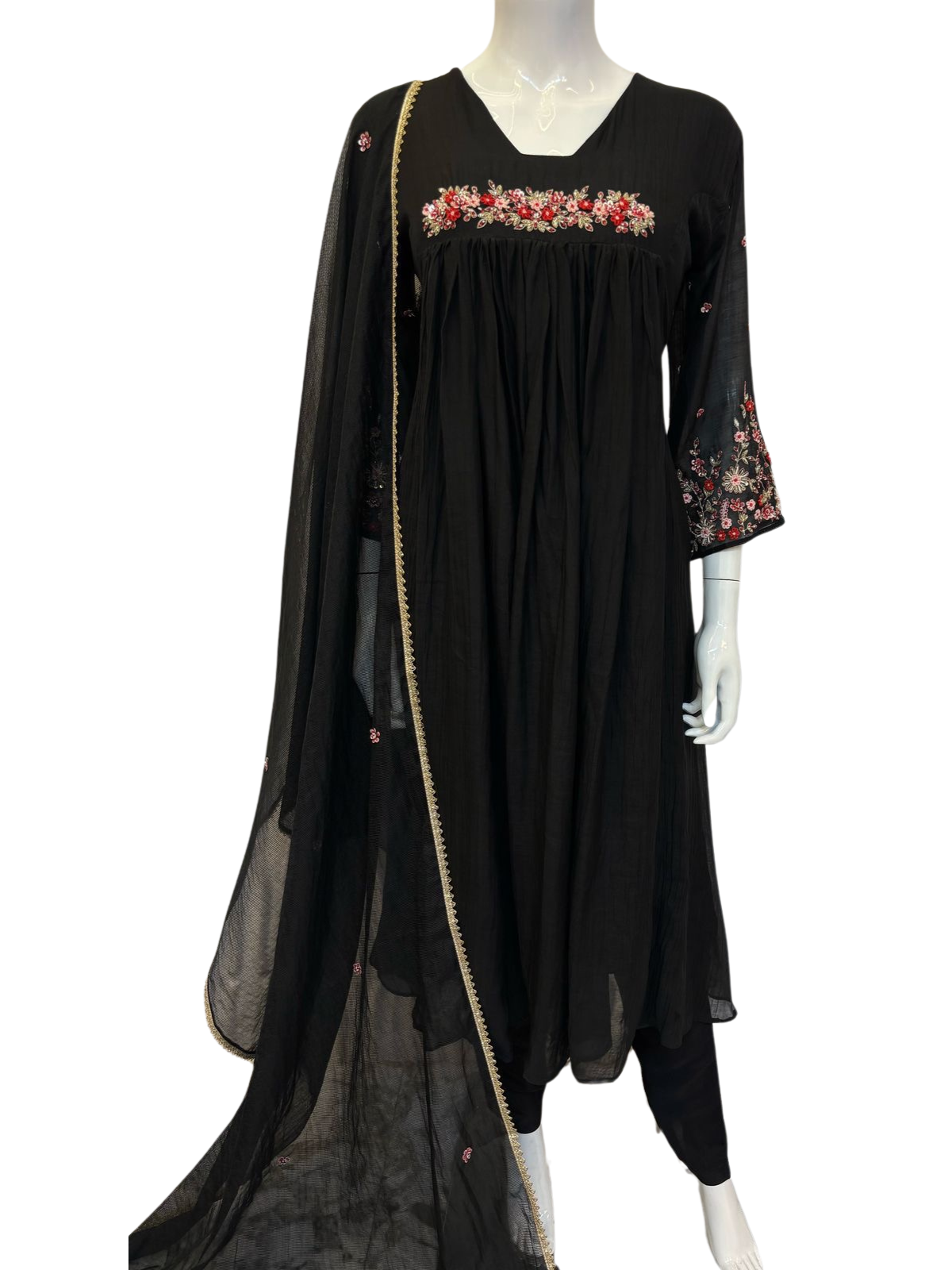 Black Hand Embroidered Mul Chanderi Suit with Kota Dupatta