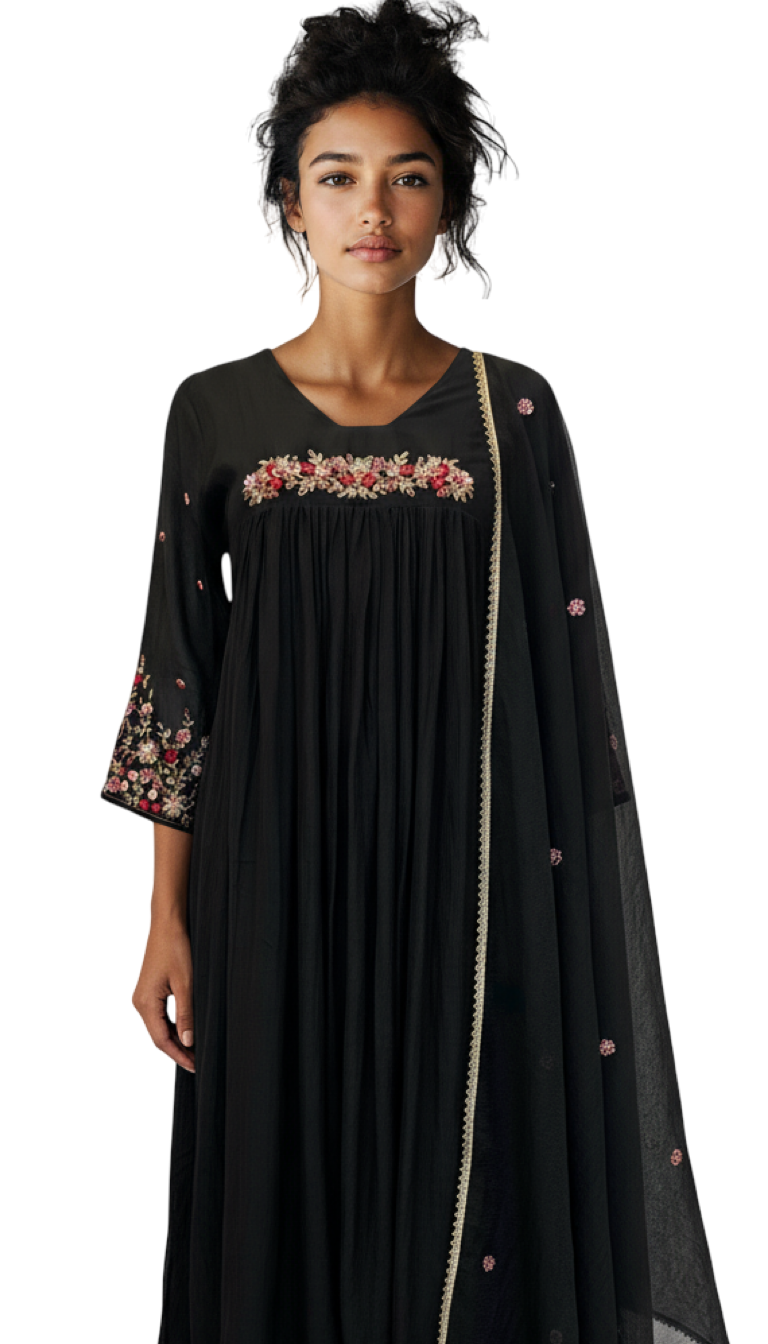 Black Hand Embroidered Mul Chanderi Suit with Kota Dupatta
