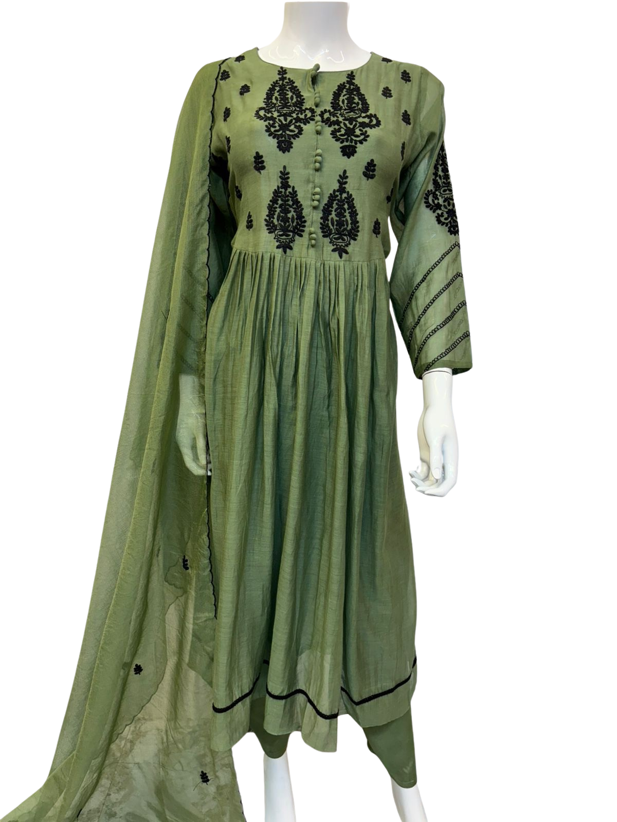 Hand Embroidered Mul Chanderi Suit with Kota Dupatta - Green