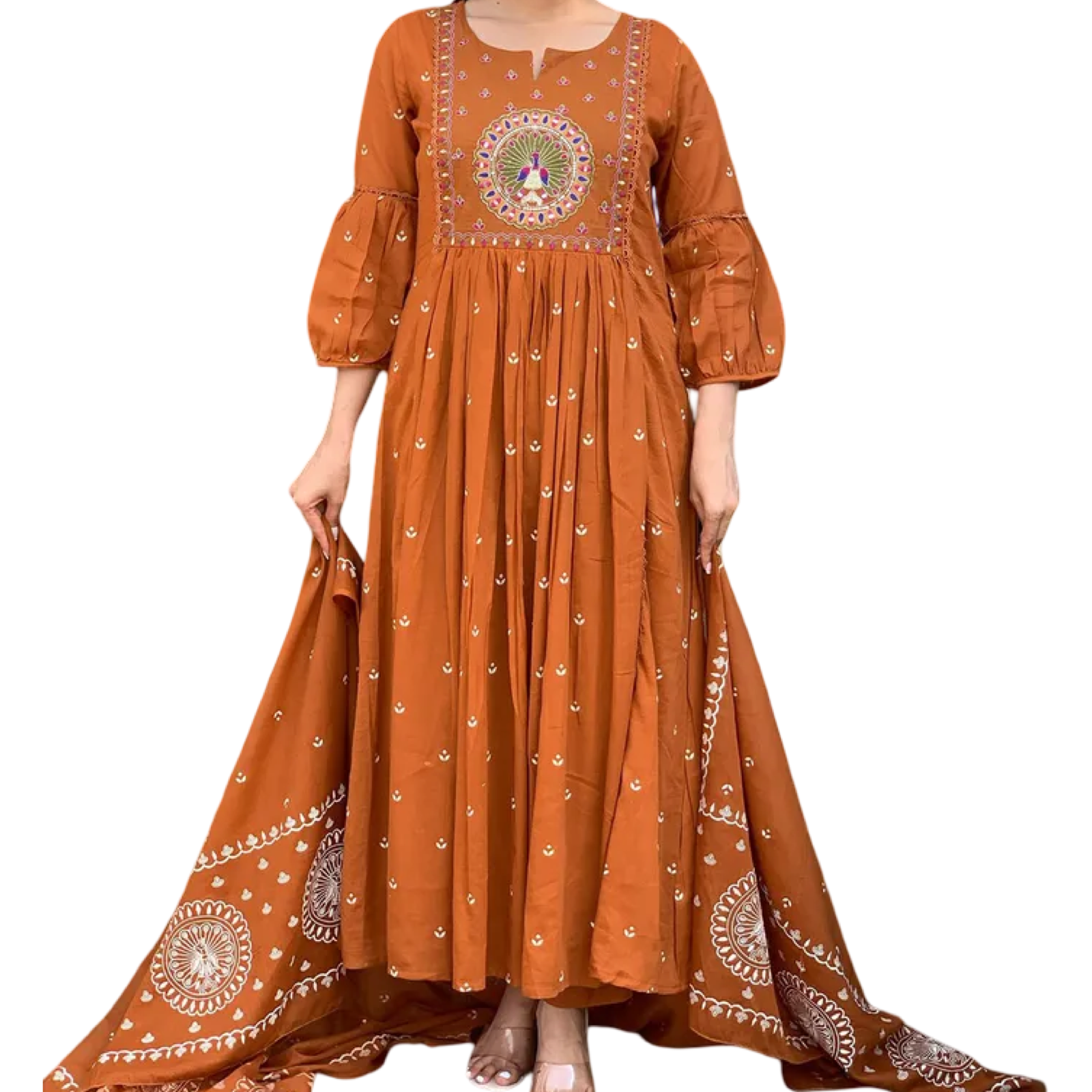 Rust Orange Cotton Kurti Set with Embroidery