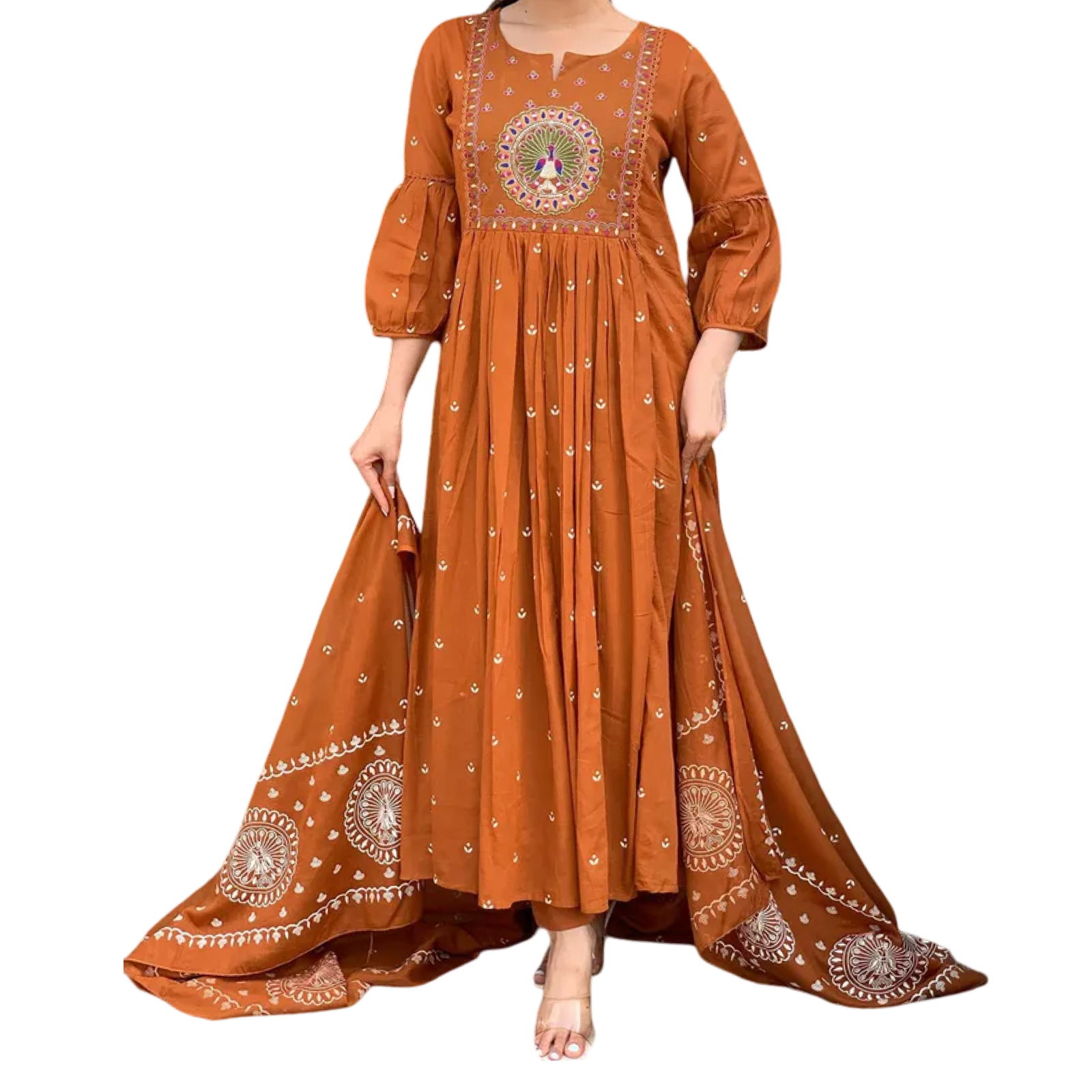 Rust Orange Cotton Kurti Set with Embroidery