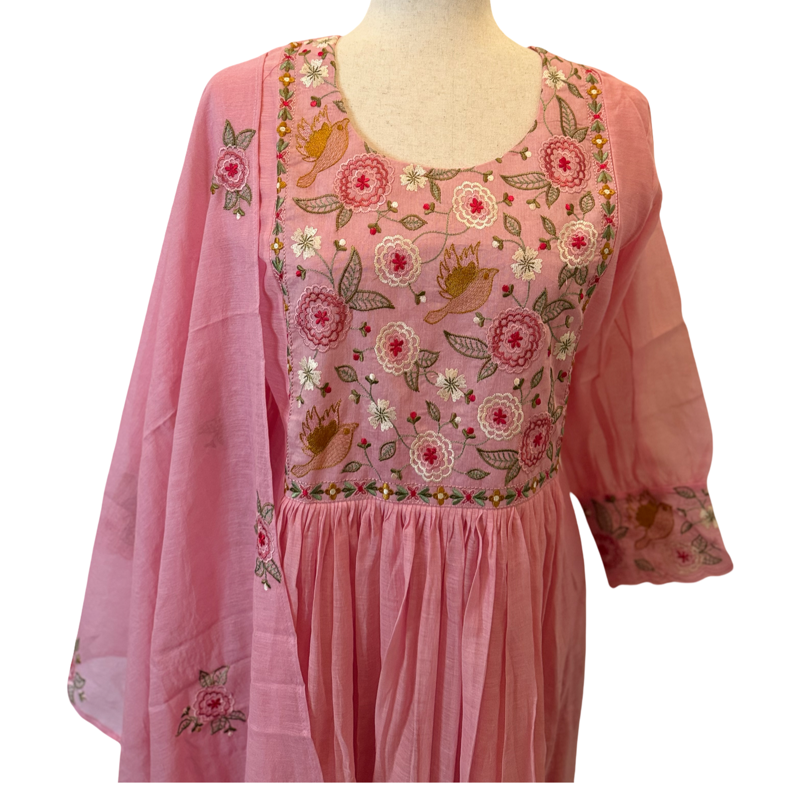 Pink Mul Chanderi Kurti Set with Floral Embroidery
