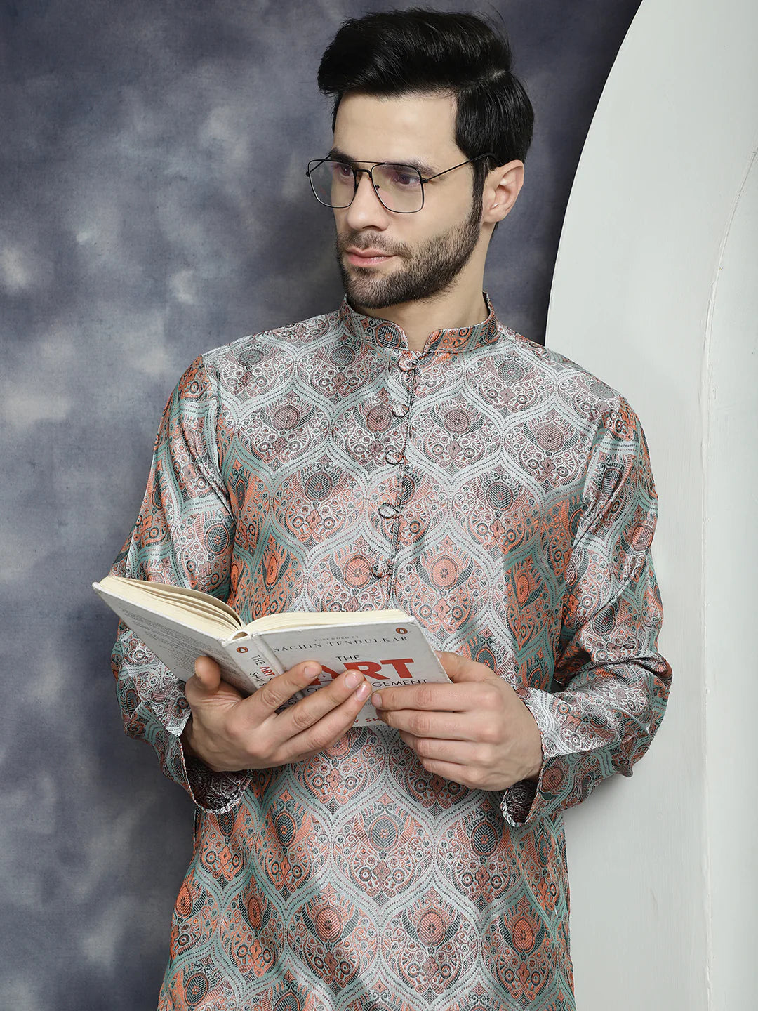 Silver and Rust Jacquard Brocade Kurta  Set for Men
