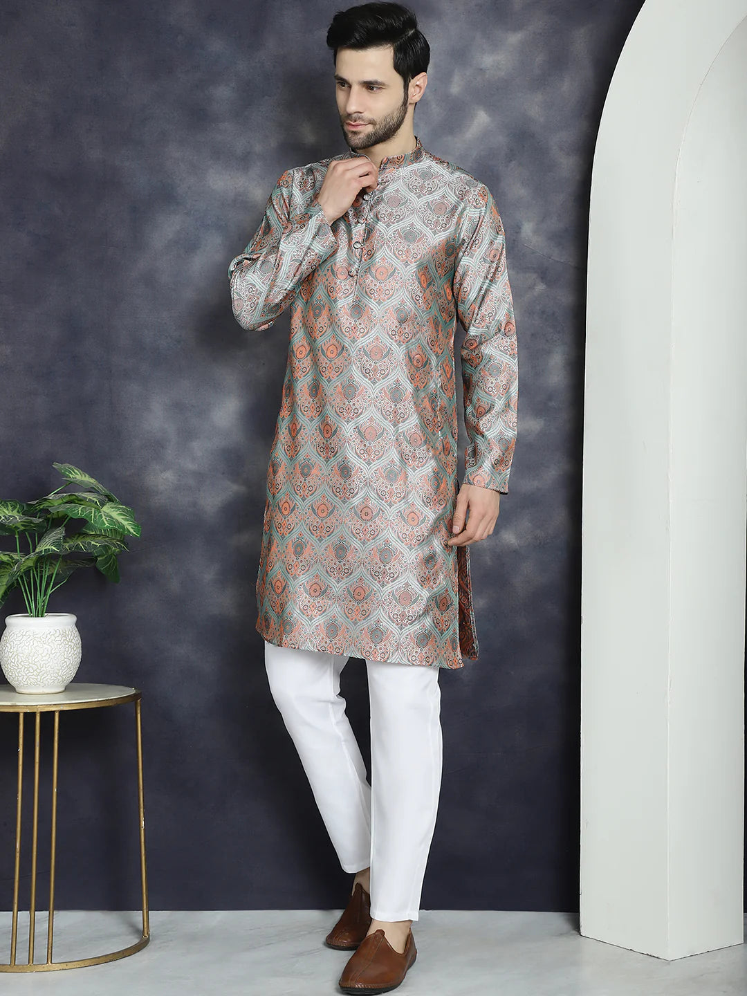 Silver and Rust Jacquard Brocade Kurta  Set for Men