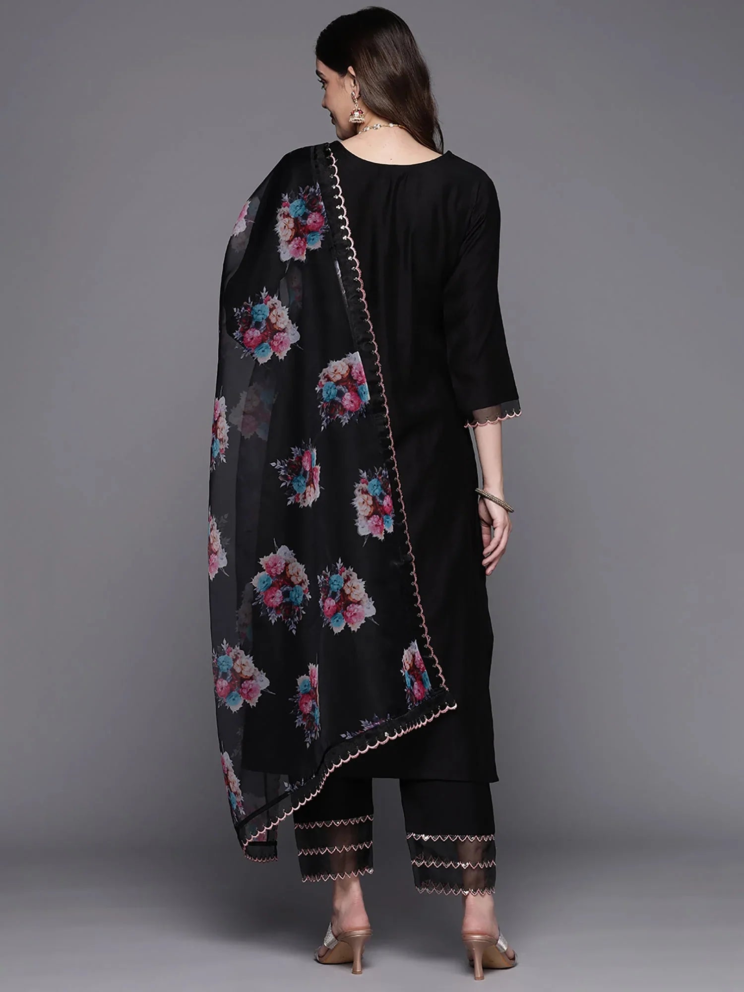 Black Embroidered Straight Kurta Trousers With Dupatta Set