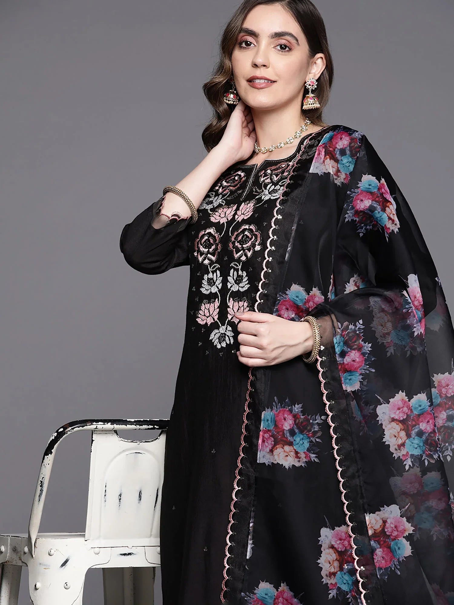 Black Embroidered Straight Kurta Trousers With Dupatta Set