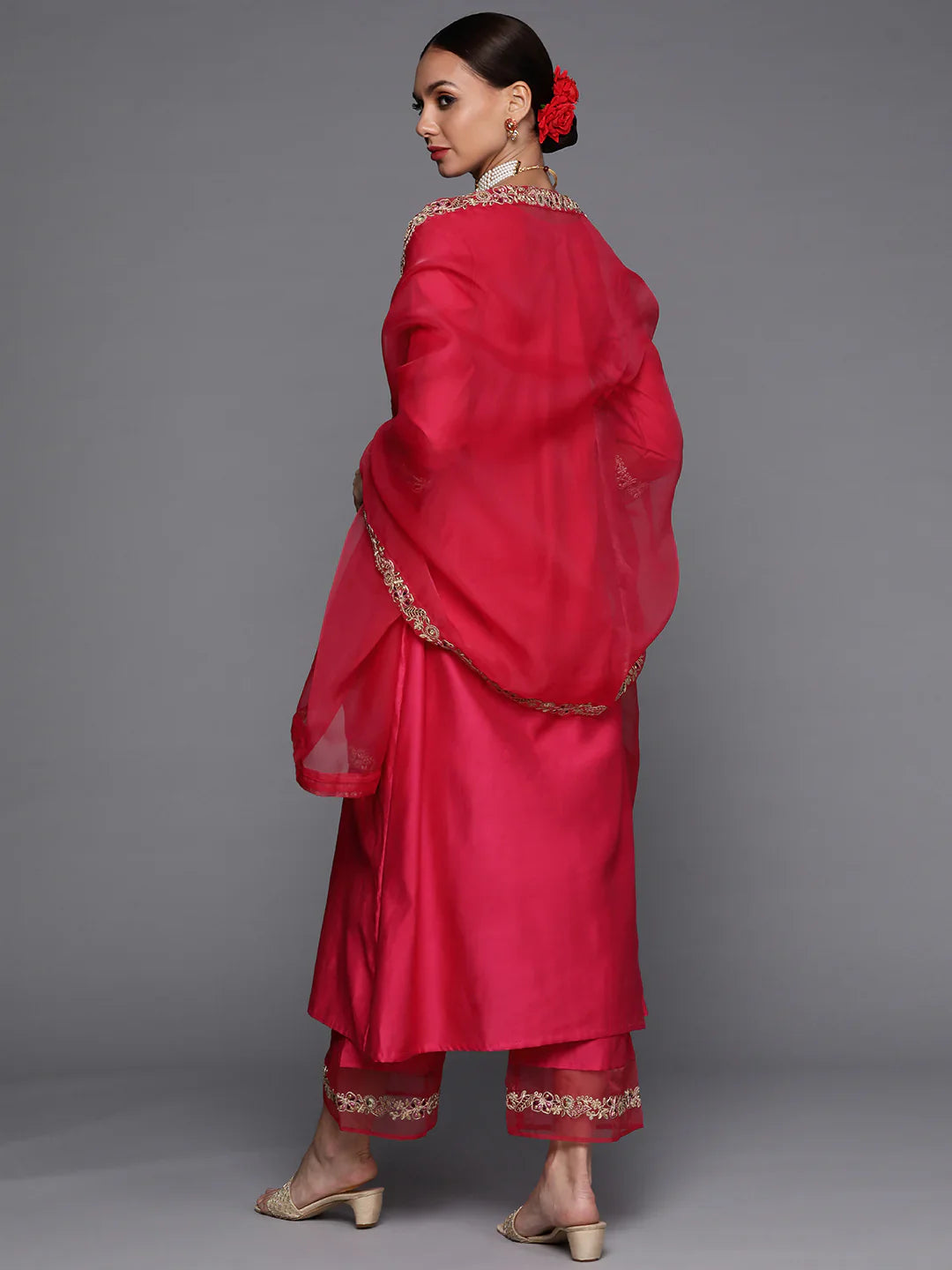 Rani Pink Embroidered A-Line Kurta Palazzo With Dupatta Set