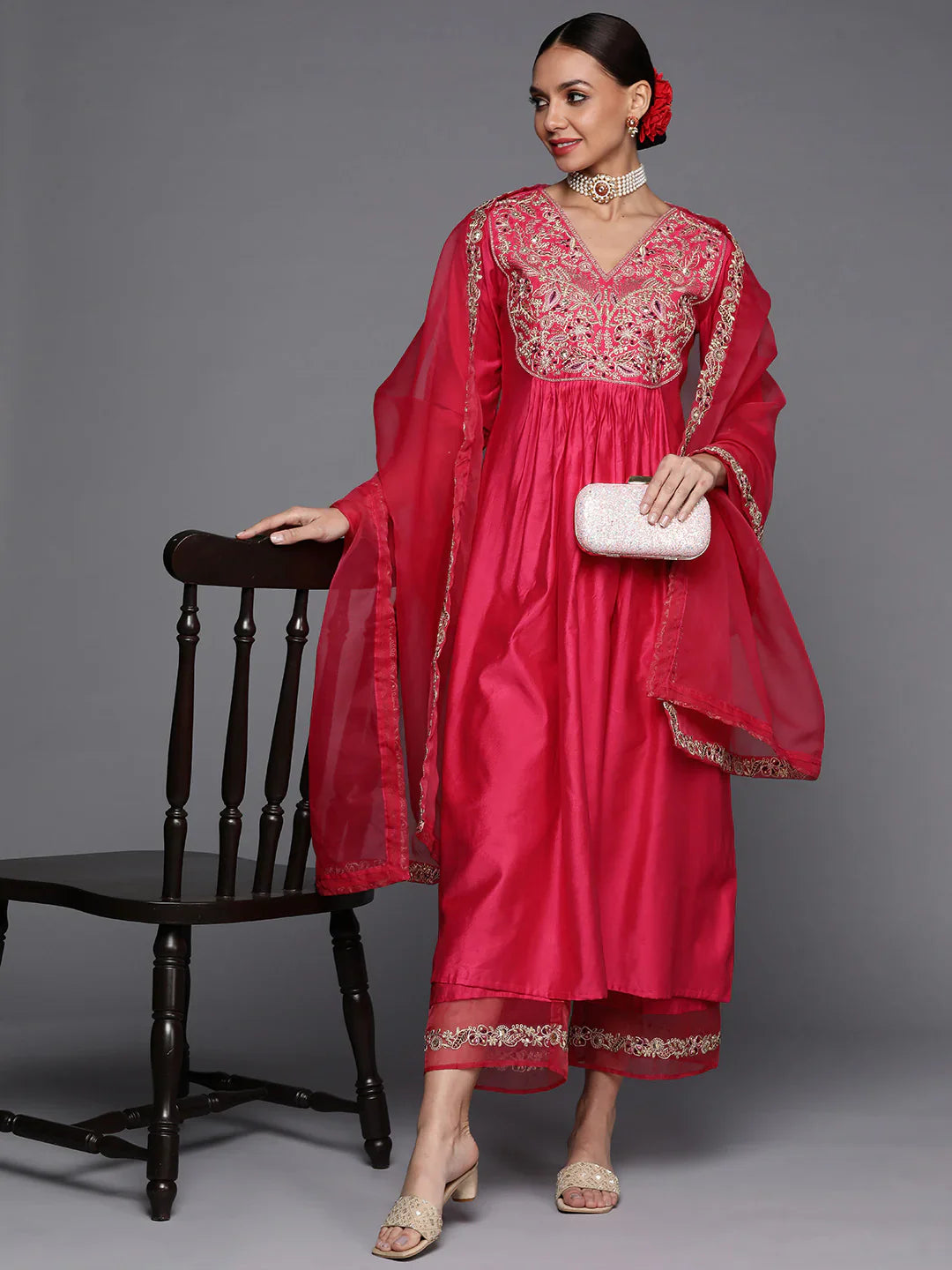 Rani Pink Embroidered A-Line Kurta Palazzo With Dupatta Set
