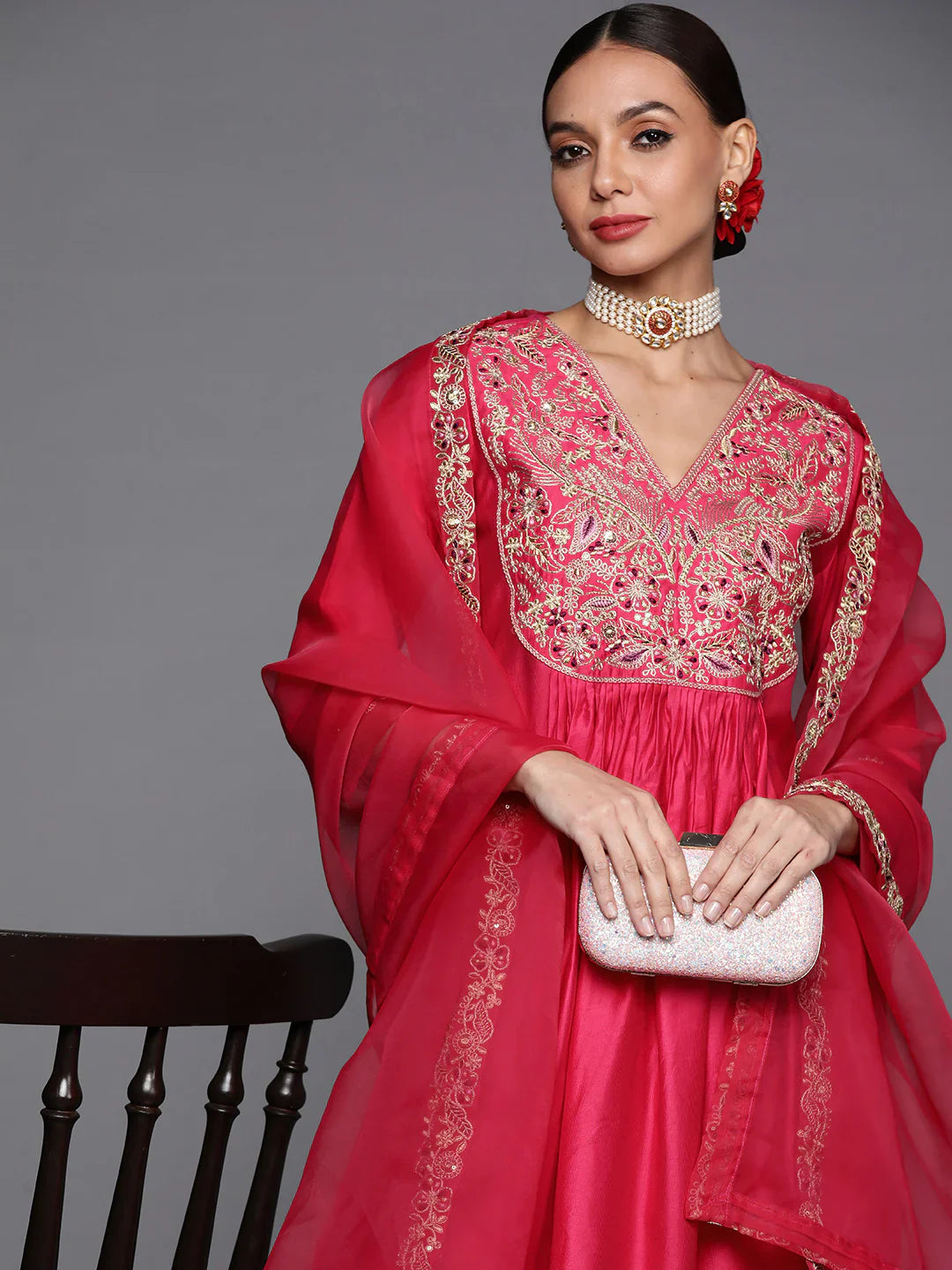 Rani Pink Embroidered A-Line Kurta Palazzo With Dupatta Set
