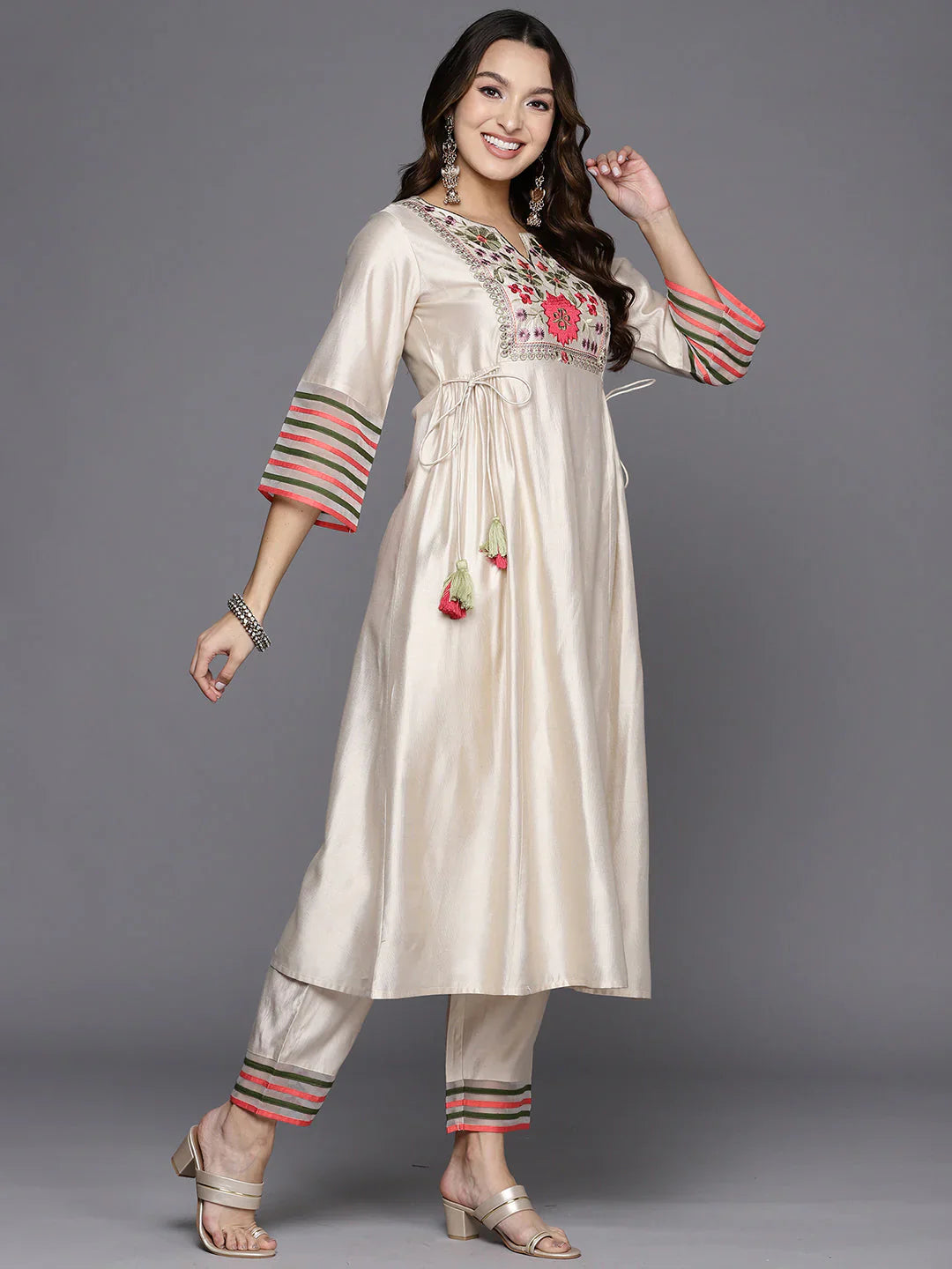 Ivory Silk Blend Embroidered Kurta Set