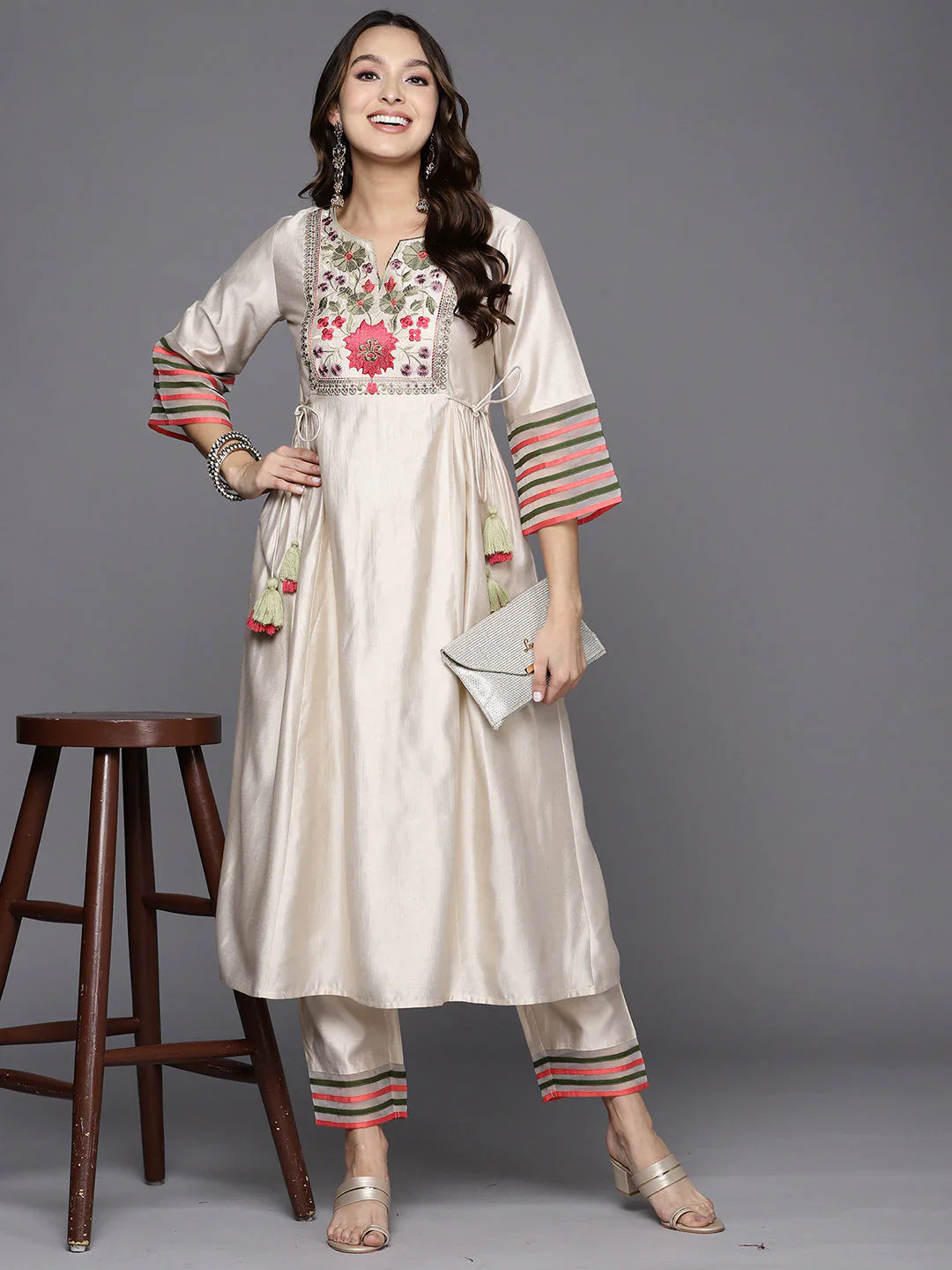 Ivory Silk Blend Embroidered Kurta Set