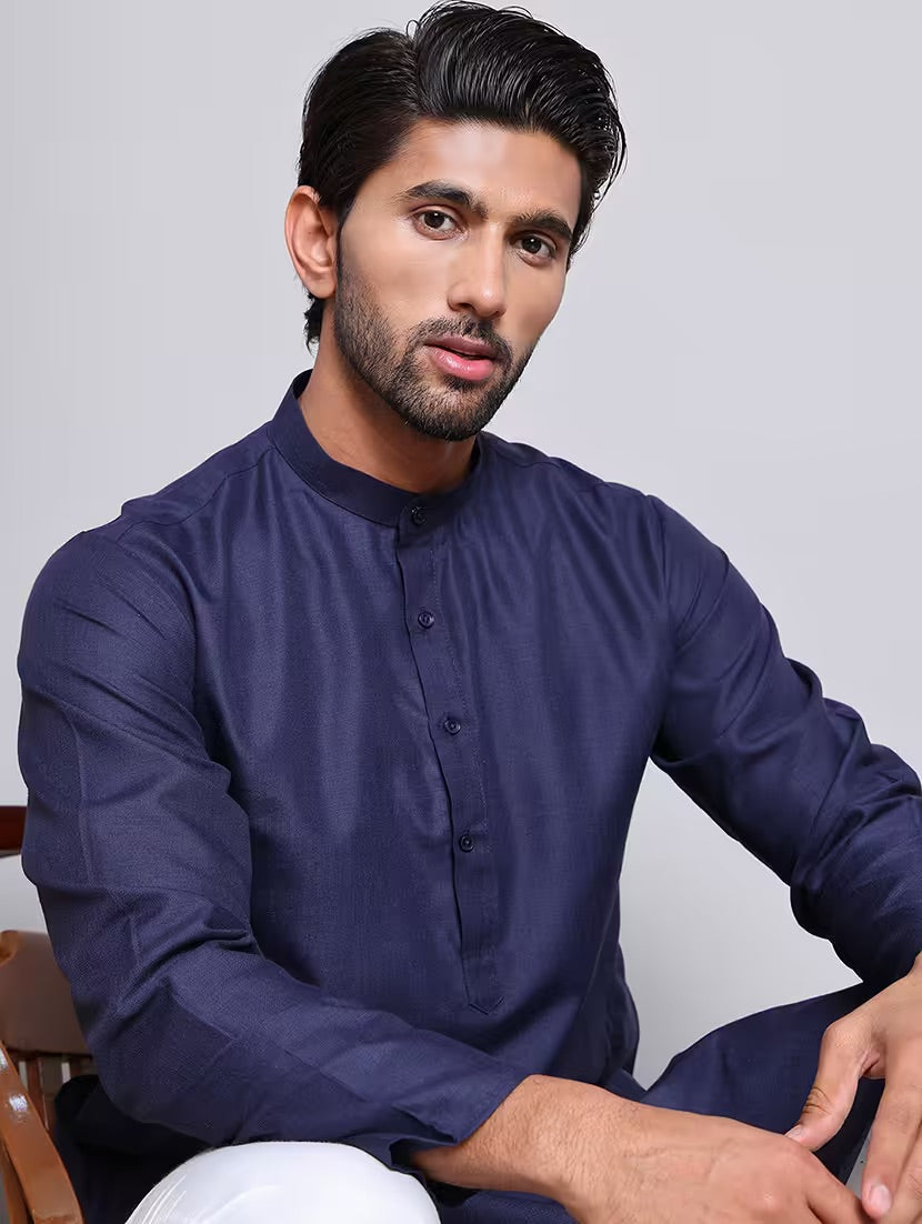 Men’s Navy Blue Solid Cotton Kurta Set